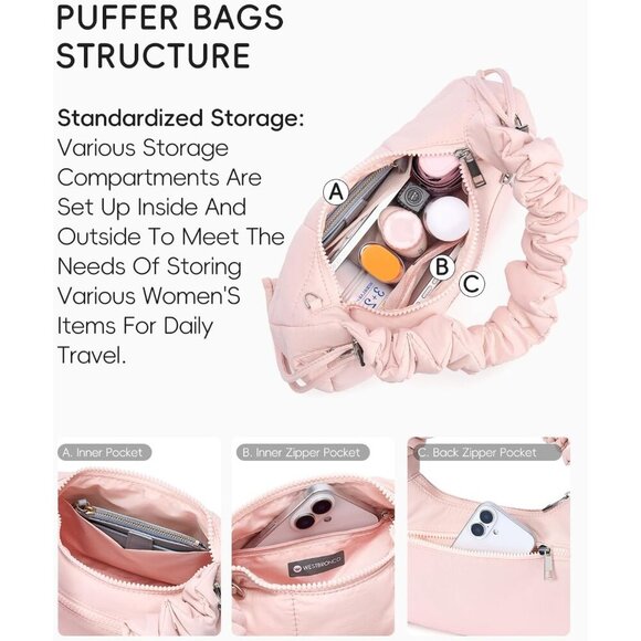 Small Puffer Crossbody Bag Womens Quilted Nylon Purse Lightweight Trendy - Picture 3 of 6